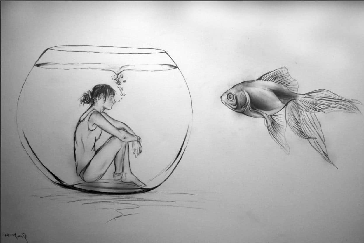 drawing of a girl underwater in an aquarium while a fish is staring at her floating outside