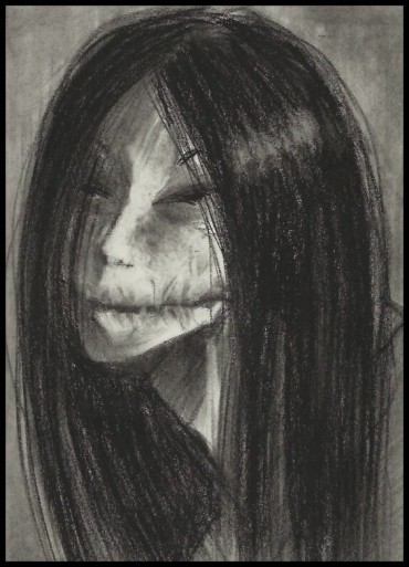  creepy drawing of a woman with black eyes and a sewed mouth