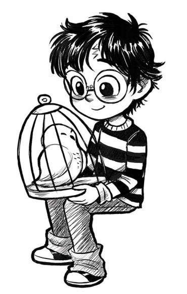 A cute cartoony Harry Potter, Hedwig drawing
