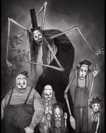 A scary spooky drawing idea of 6 clowns