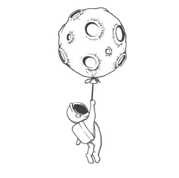 an astronaut holding on to a balloon of a moon