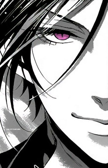 an evil anime male character with purple eyes