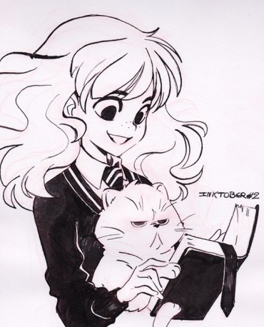 Crookshanks and Hermione Granger ink drawing