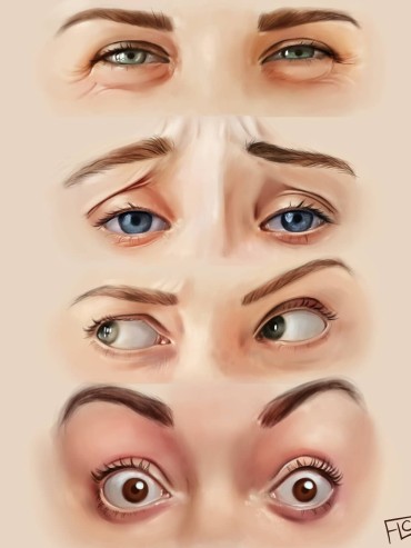 a digital painting of eyes changing emotions four times
