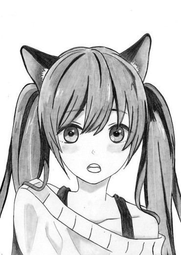An easy and adorable manga girl with two ponytails and cat ears