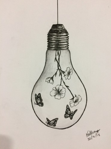 drawing of flowers and butterflies inside of a light bulb