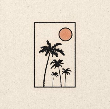 Palm trees and a sun inside of a rectangle