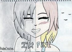 Original split drawing: Showing the same girl happy and sad