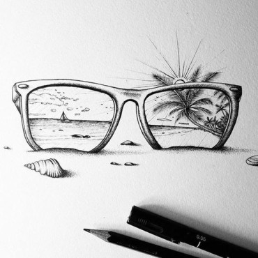 A creative drawing of sunglasses showing a beach through the lenses