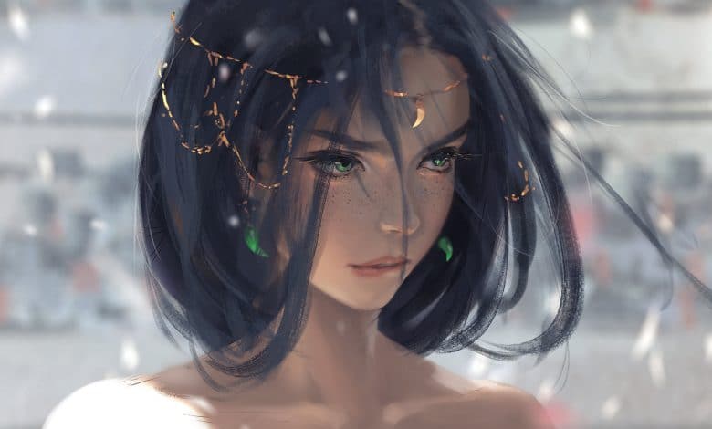 free wlop wallpaper of a fictional female character from GhostBlade with black hair and green eyes and jewelry - Digital art of wlop