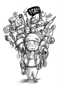 drawing of a backpacker with doodles behind him