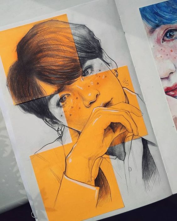 A cool BTS drawing idea with post-its in a sketchbook