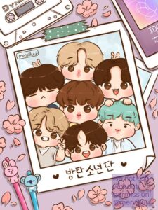 BTS chibi characters in a polaroid picture