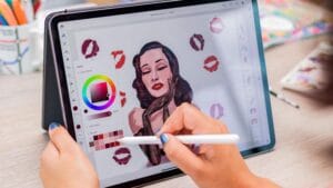 Someone drawing and painting a girl on the best free ipad drawing app with an apple pencil