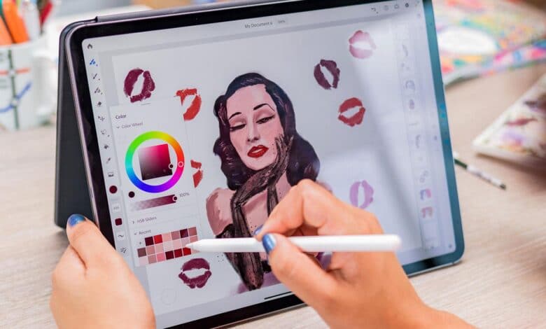 Someone drawing and painting a girl on the best free ipad drawing app with an apple pencil