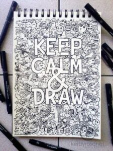 a page filled of doodles with the words keep calm & draw