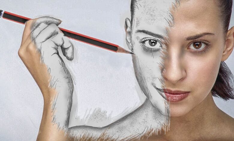 a girl holding a pencil and drawing her face to prove anyone can learn how to draw