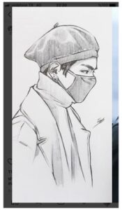 A profile drawing of V Taehyung wearing a mask